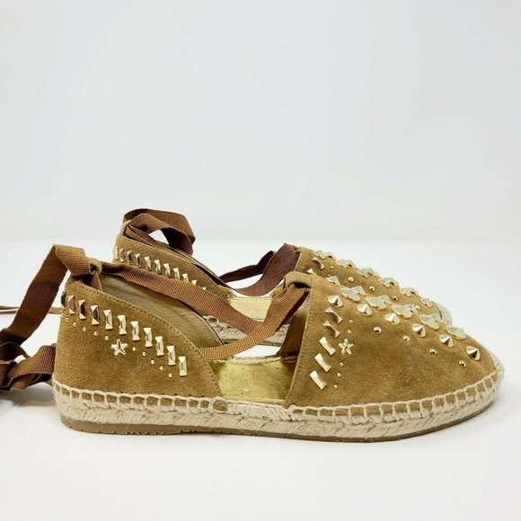 Jimmy Choo Brown Suede Gold Studded Lace Up Flats Espadrille - Picture 3 of 9